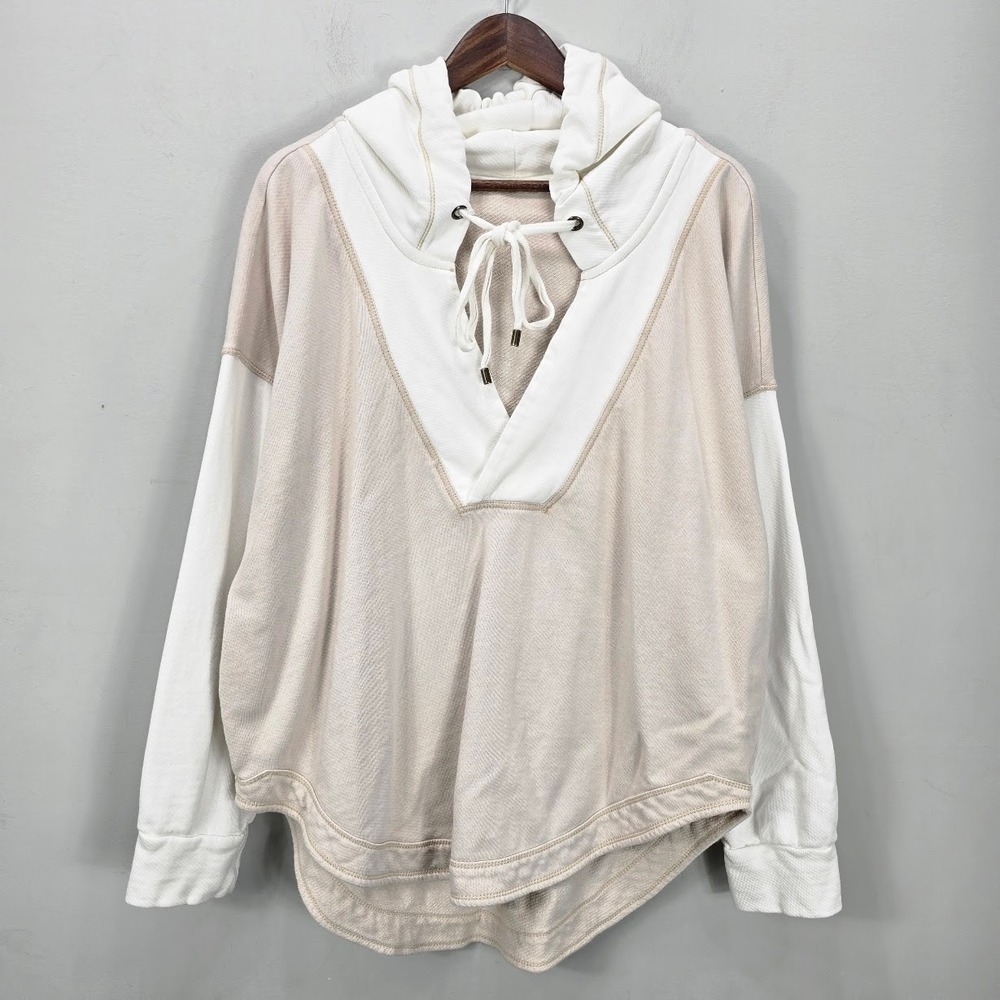 Pilcro Anthropologie Warfside Sweatshirt XL Tan White Terry Hoodie Cozy Relaxed